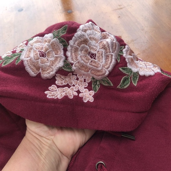 Y&R Reckless burgundy hoodie  with Floral embellishments on hood and sleeves - Picture 7 of 8